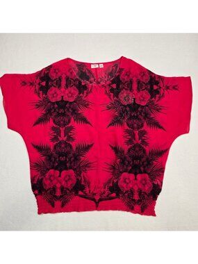 Cato 18/20W Sheer Floral Print Top Pink & Black Smocked Waist Short Sleeve